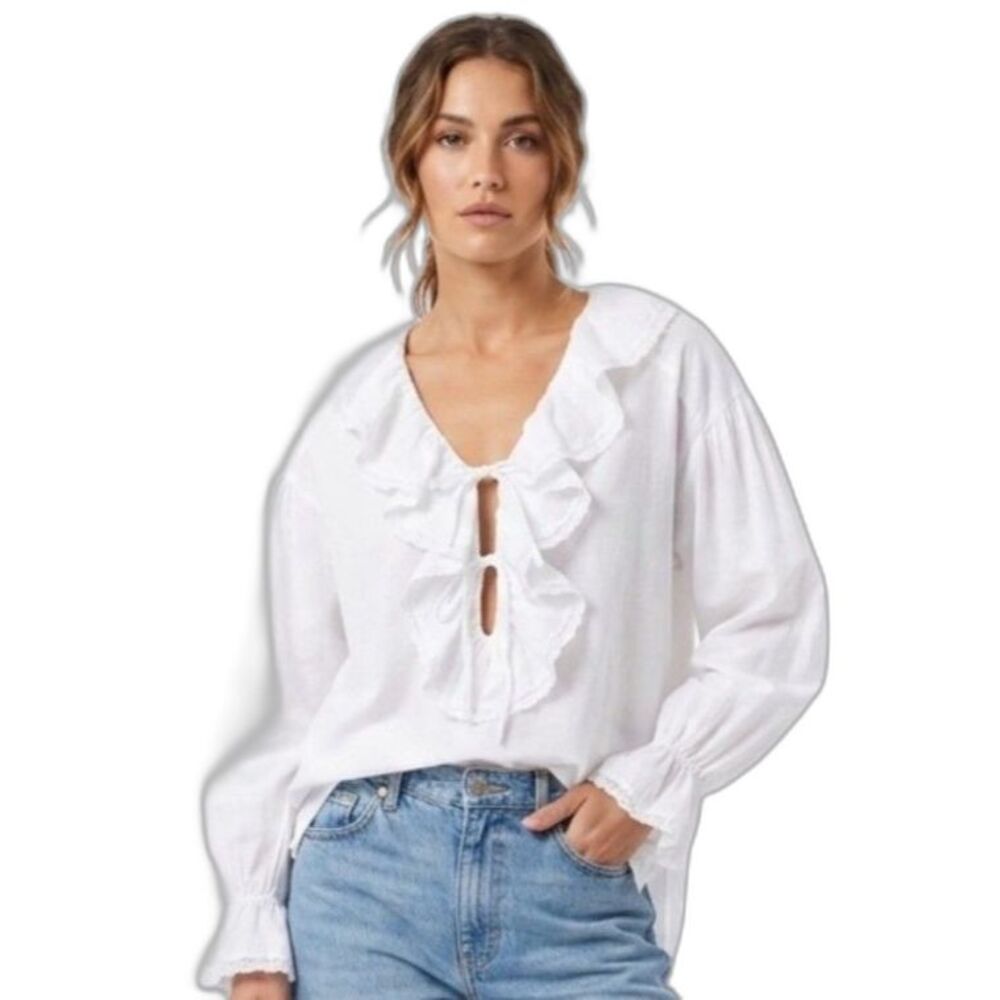 Eber Womens White Cotton Ruffle Tie Neckline Vintage 80s LS Romantic Blouse Sz M